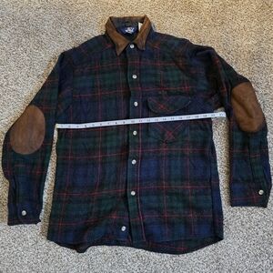 Woolrich Men's Blue and Green Plaid Shirt with Brown Accents